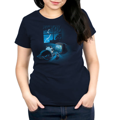 A women's t-shirt with an image of a woman sitting in front of a television, enjoying her favorite soda, the "On A Dark and Stormy Night" by TeeTurtle.