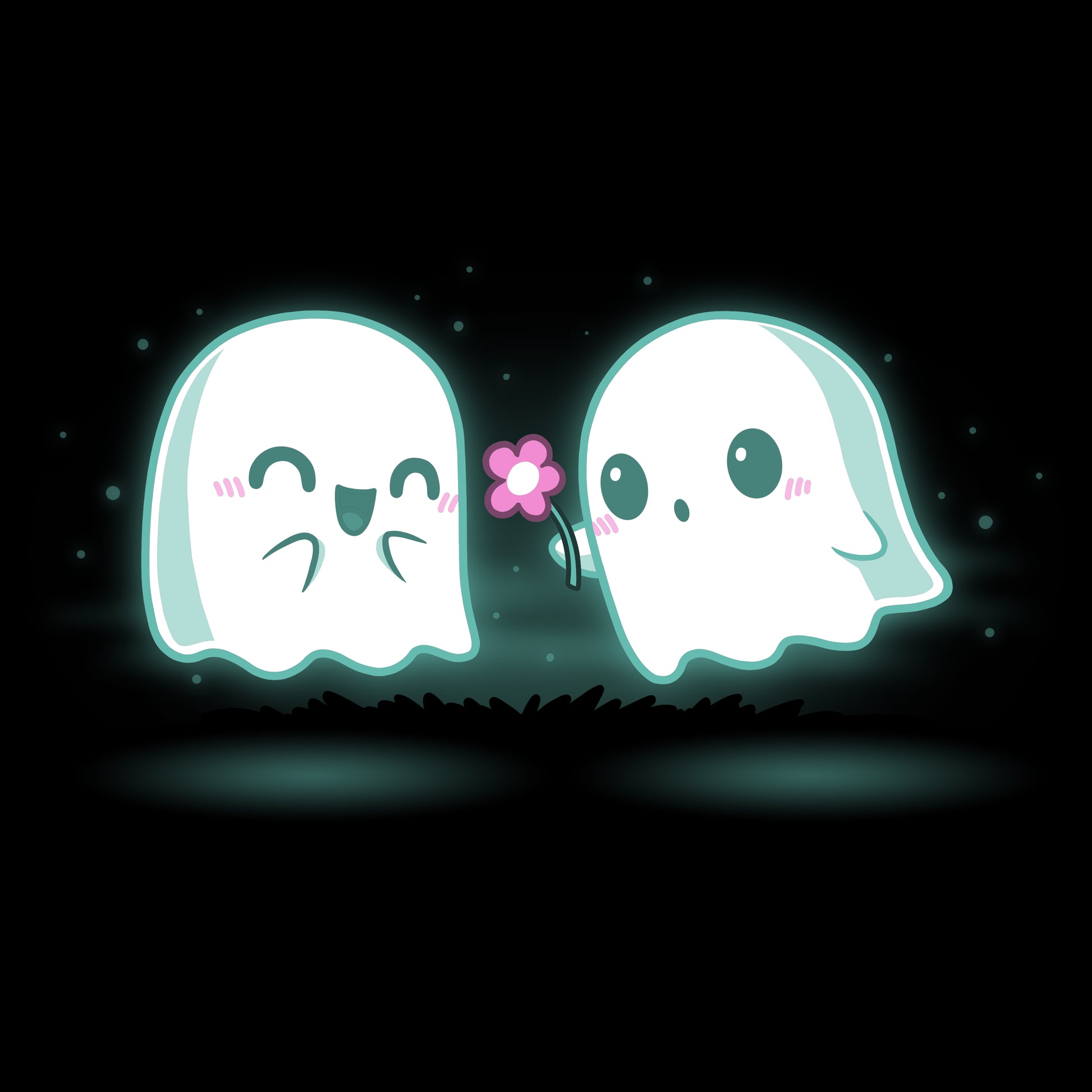TeeTurtle One Boo Love t-shirt featuring two ghosts holding a flower in the dark with One Boo Love theme.