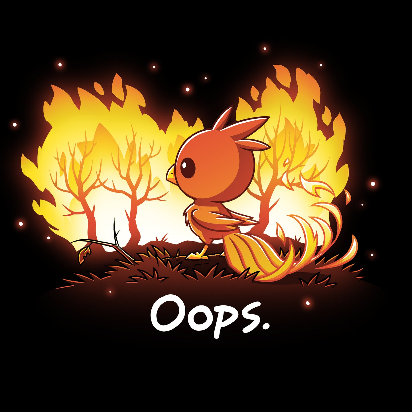A TeeTurtle Oops T-shirt featuring a cartoon phoenix in front of a fire, with the word oops.