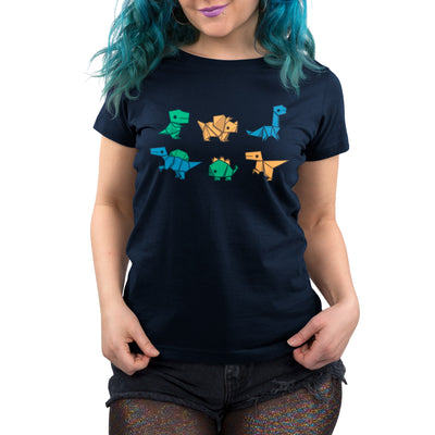 Premium Cotton T-shirt_TeeTurtle navy blue Origami Dinos featuring a collection of origami dinosaurs in different colors.