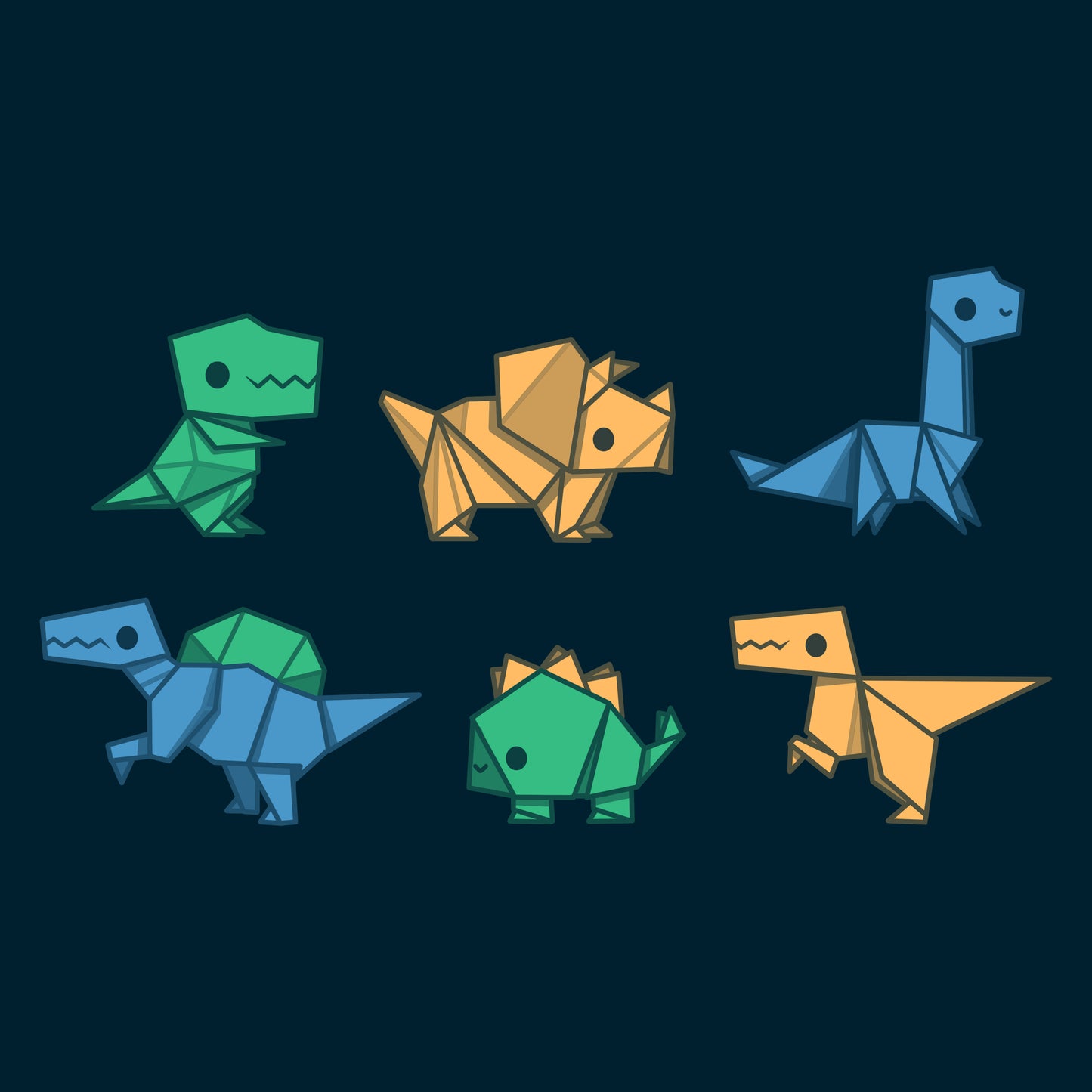A collection of TeeTurtle Origami Dinos displayed on a dark background.