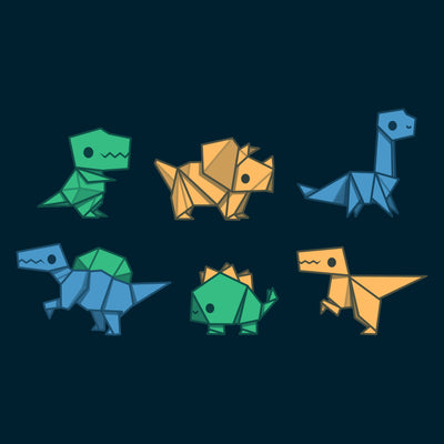 Premium Cotton T-shirt_TeeTurtle navy blue Origami Dinos featuring a collection of origami dinosaurs in different colors.