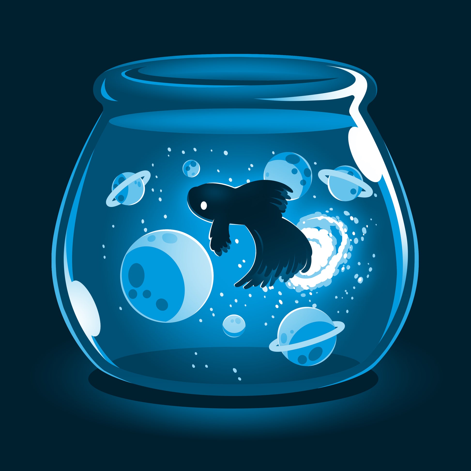 A Space Betta fish swimming in a bowl with stars in the background, made by TeeTurtle.