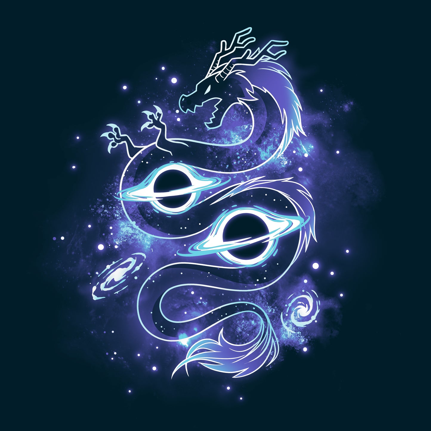 This Outer Space Dragon T-shirt, by TeeTurtle, features a blue dragon with a blue eye on a dark background, crafted from Ringspun Cotton fabric.