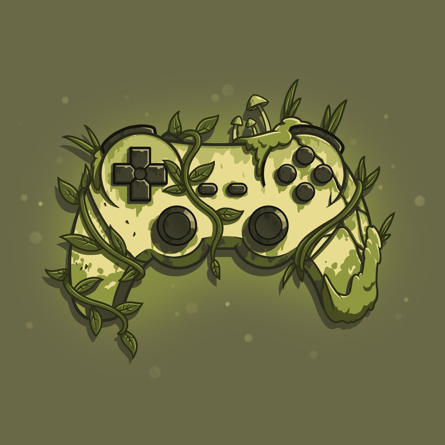 A Overgrown Controller by TeeTurtle, with nature-inspired leaves on a military green background.