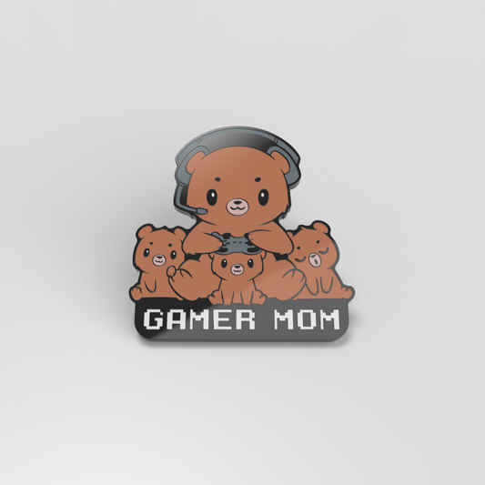 Gamer Mom enamel pin featuring pew pew parent.