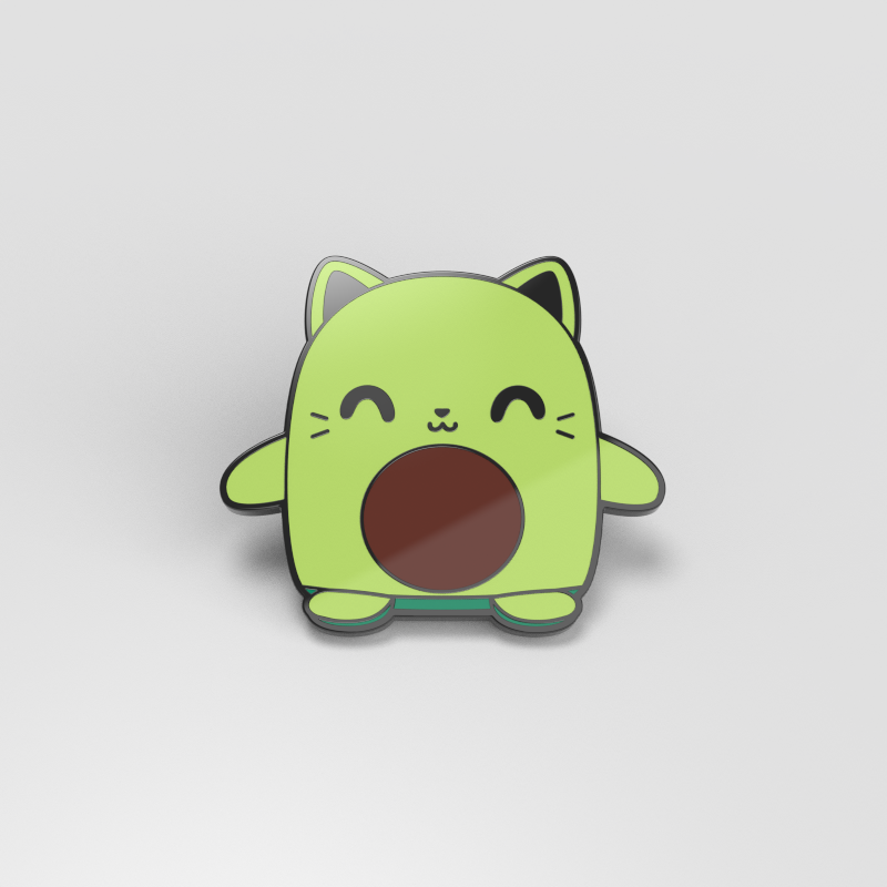 A Happy Green Avo-cat-o Pin by TeeTurtle on a white background, with enamel pins.