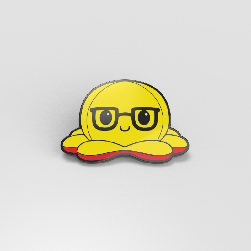 A Happy Yellow (Glasses) Octopus Pin by TeeTurtle on a white background.