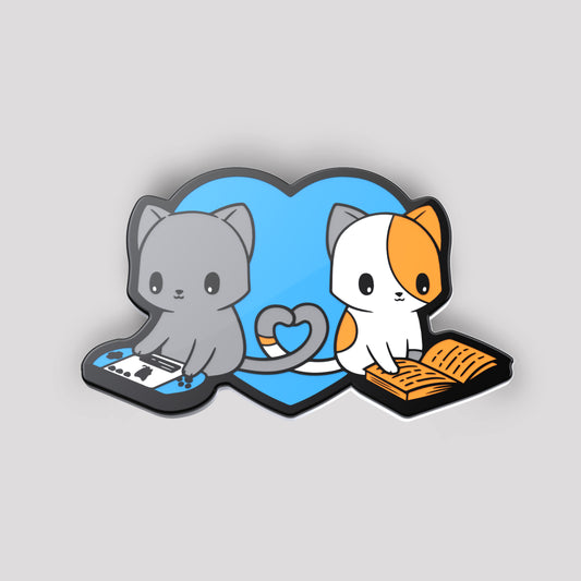 Two cats sitting on a Let's Be Alone Together Pin by TeeTurtle that has wide dimensions.