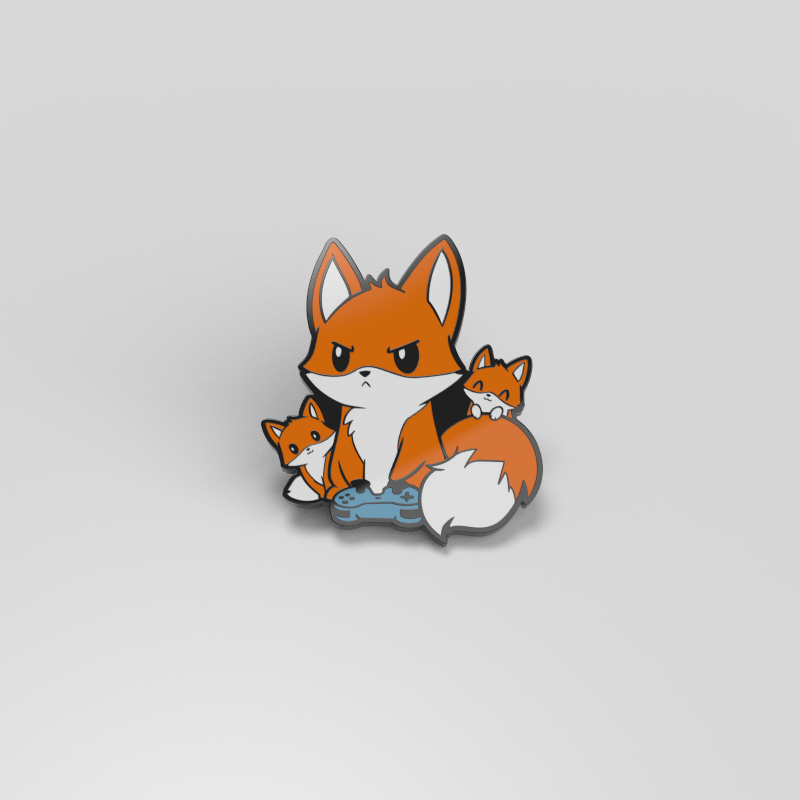 A TeeTurtle Pew Pew Parent Pin, a video game-inspired enamel pin featuring two foxes.