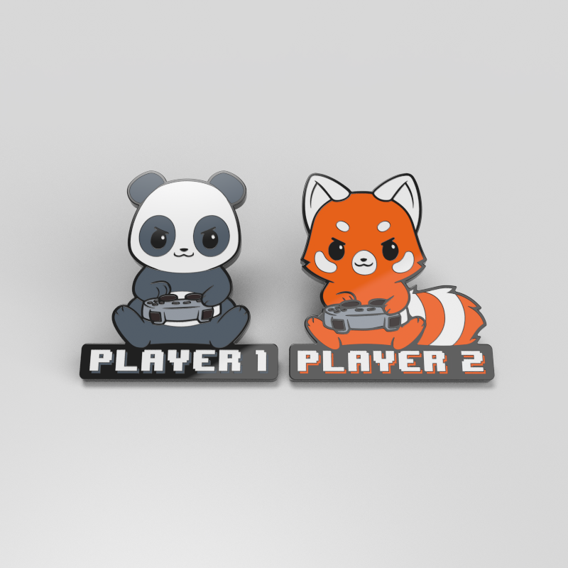 A Player 1 Panda & Player 2 Red Panda Pins (2-pack) enamel pin featuring a panda teammate from TeeTurtle.