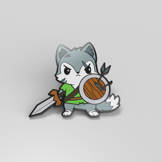 An Enamel Pin featuring a Fox with a sword, called the 