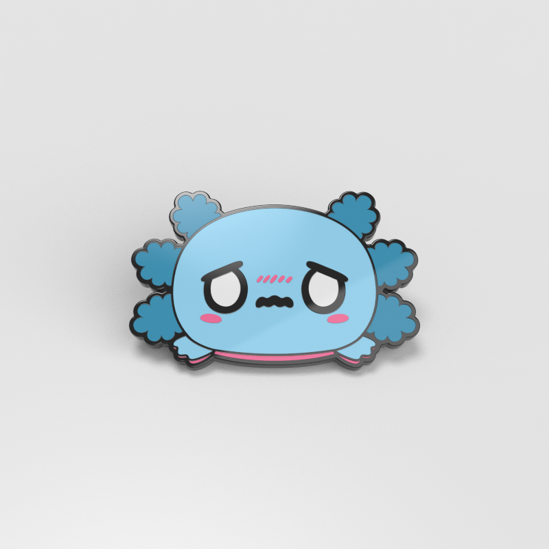 A TeeTurtle Worried Blue Axolotl Pin with an angry face on it (Metal and Enamel).