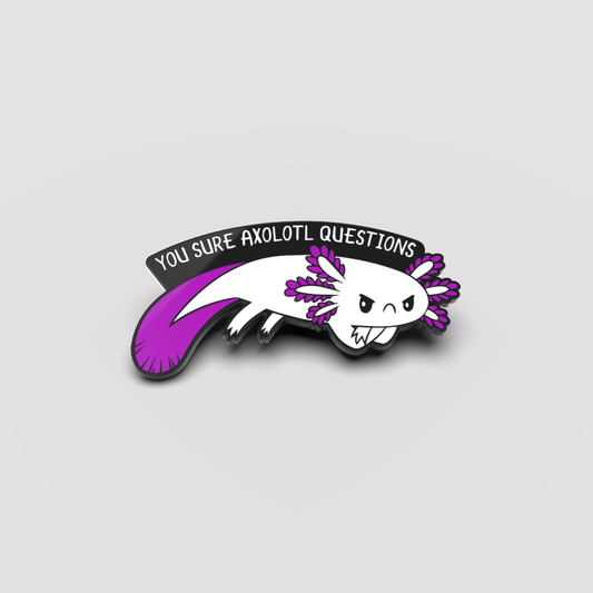 An enamel pin featuring a purple and white owl, along with care instructions for the You Sure Axolotl Questions Pin by TeeTurtle.