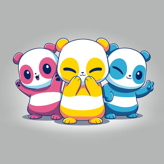 Three TeeTurtle Pan Pride Pandas standing next to each other.