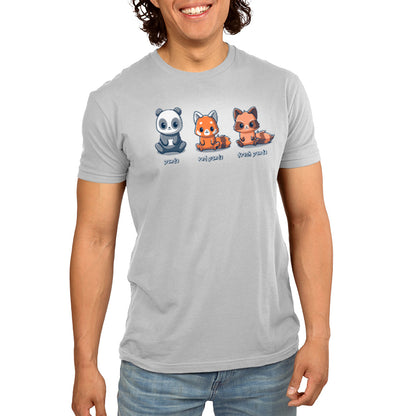 A man wearing a TeeTurtle t-shirt with three panda bears on it, showing enthusiasm for his family.