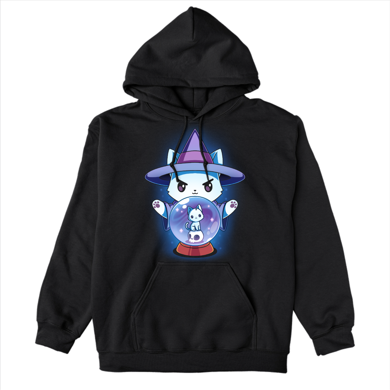 Pullover Hoodie_TeeTurtle black Miyuki Wanted Poster Pullover Hoodie featuring a white cat dressed in a witch outfit, casting a spell with a crystal ball that shows another smaller cat