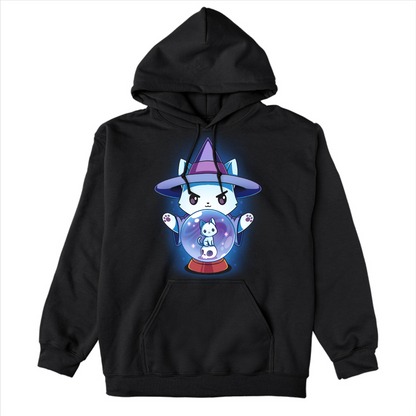 Pullover Hoodie_TeeTurtle black Miyuki Wanted Poster Pullover Hoodie featuring a white cat dressed in a witch outfit, casting a spell with a crystal ball that shows another smaller cat