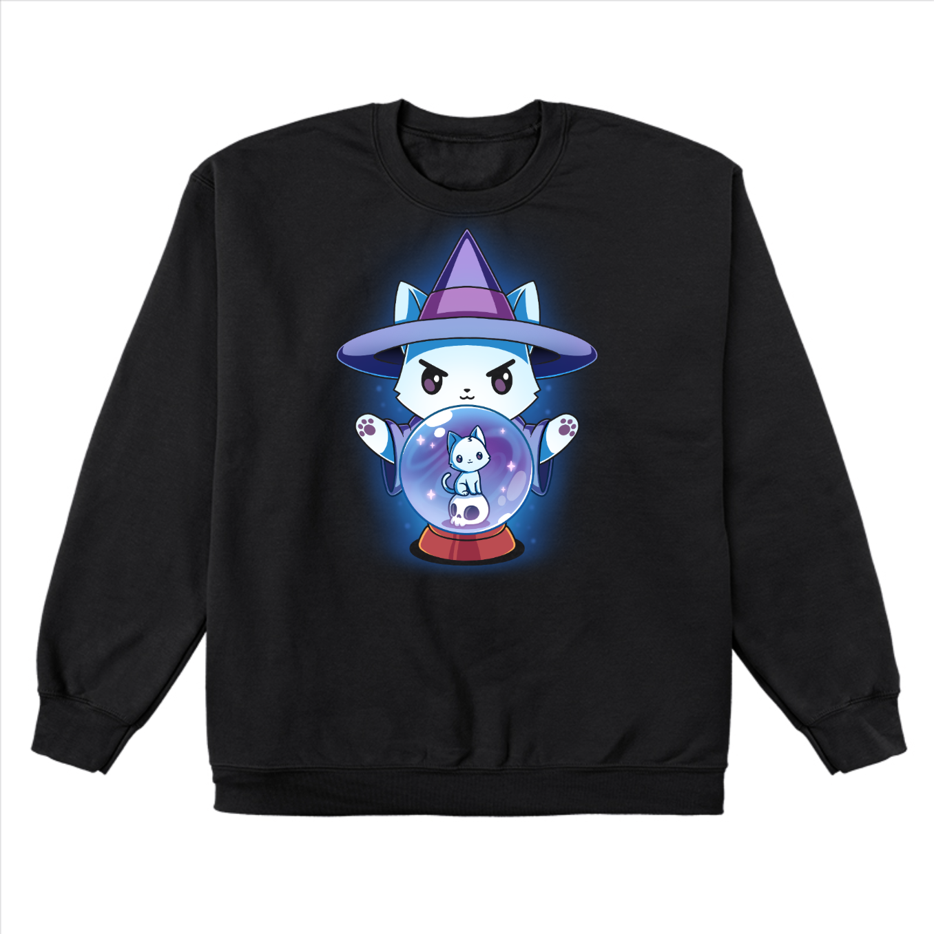 Crew Neck Sweatshirt_TeeTurtle black Miyuki Wanted Poster Crew Neck Sweatshirt featuring a white cat dressed in a witch outfit, casting a spell with a crystal ball that shows another smaller cat
	