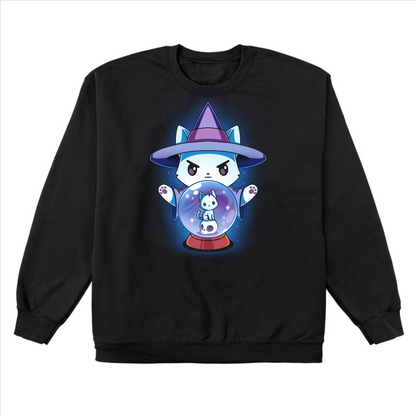 Crew Neck Sweatshirt_TeeTurtle black Miyuki Wanted Poster Crew Neck Sweatshirt featuring a white cat dressed in a witch outfit, casting a spell with a crystal ball that shows another smaller cat
	