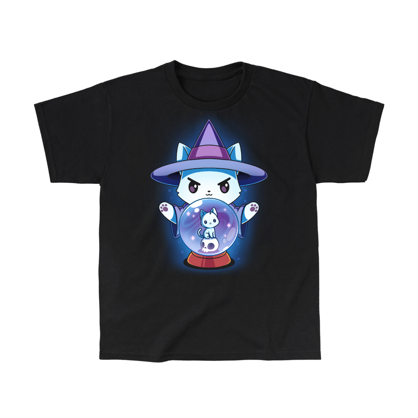 Classic Cotton T-shirt_TeeTurtle black  featuring a white cat dressed in a witch outfit, casting a spell with a crystal ball that shows another smaller cat
	
