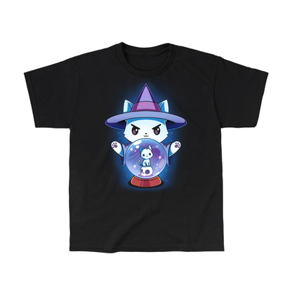 Classic Cotton T-shirt_TeeTurtle black  featuring a white cat dressed in a witch outfit, casting a spell with a crystal ball that shows another smaller cat
	