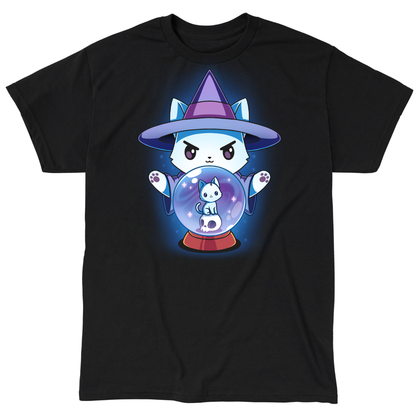 Classic Cotton T-shirt_TeeTurtle black  featuring a white cat dressed in a witch outfit, casting a spell with a crystal ball that shows another smaller cat
	