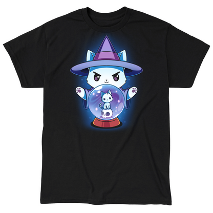 Classic Cotton T-shirt_TeeTurtle black  featuring a white cat dressed in a witch outfit, casting a spell with a crystal ball that shows another smaller cat
	