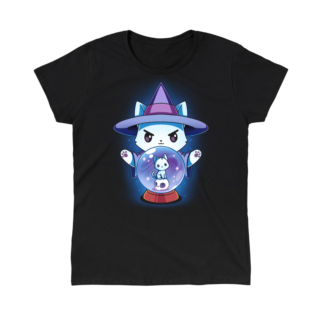 Classic Cotton T-shirt_TeeTurtle black  featuring a white cat dressed in a witch outfit, casting a spell with a crystal ball that shows another smaller cat
	