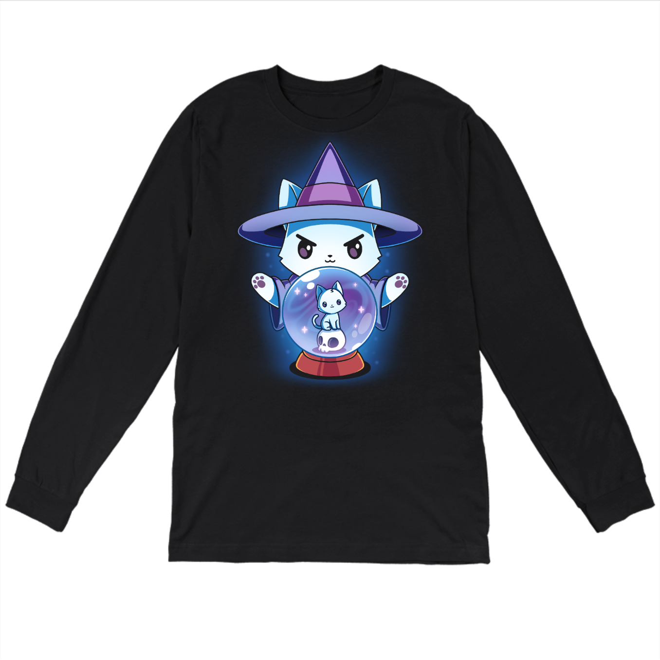 Long Sleeve T-shirt_TeeTurtle black Miyuki Wanted Poster Long Sleeve T-shirt featuring a white cat dressed in a witch outfit, casting a spell with a crystal ball that shows another smaller cat
