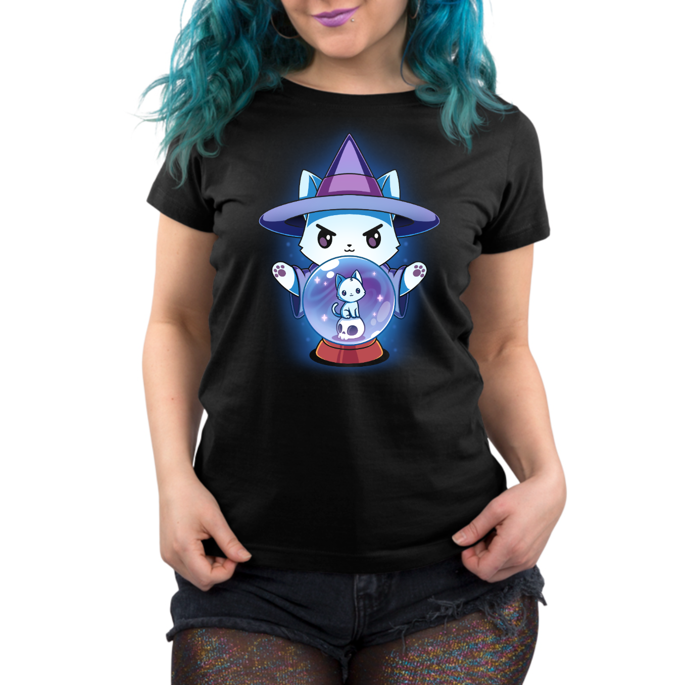 Premium Cotton T-shirt_TeeTurtle black Certified Black Thumb Premium Cotton T-shirt featuring a white cat dressed in a witch outfit, casting a spell with a crystal ball that shows another smaller cat