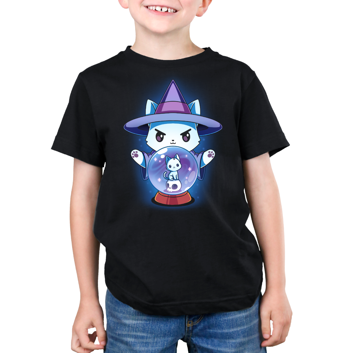 Premium Cotton T-shirt_TeeTurtle black Certified Black Thumb Premium Cotton T-shirt featuring a white cat dressed in a witch outfit, casting a spell with a crystal ball that shows another smaller cat