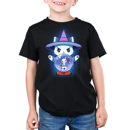 Premium Cotton T-shirt_TeeTurtle black Certified Black Thumb Premium Cotton T-shirt featuring a white cat dressed in a witch outfit, casting a spell with a crystal ball that shows another smaller cat