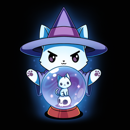 Classic Cotton T-shirt_TeeTurtle black shirt featuring a white cat dressed in a witch outfit, casting a spell with a crystal ball that shows another smaller cat
	