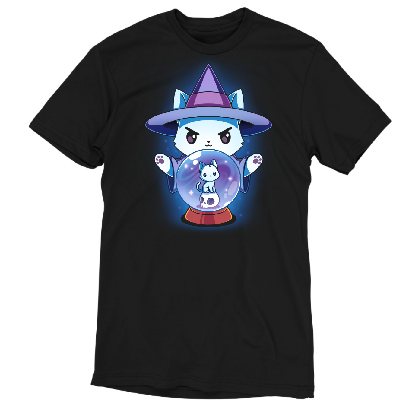 Premium Cotton T-shirt_TeeTurtle black Certified Black Thumb Premium Cotton T-shirt featuring a white cat dressed in a witch outfit, casting a spell with a crystal ball that shows another smaller cat