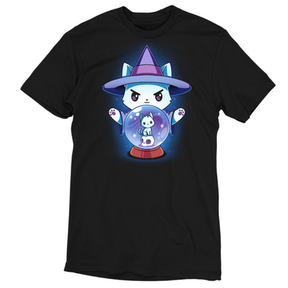Premium Cotton T-shirt_TeeTurtle black Certified Black Thumb Premium Cotton T-shirt featuring a white cat dressed in a witch outfit, casting a spell with a crystal ball that shows another smaller cat