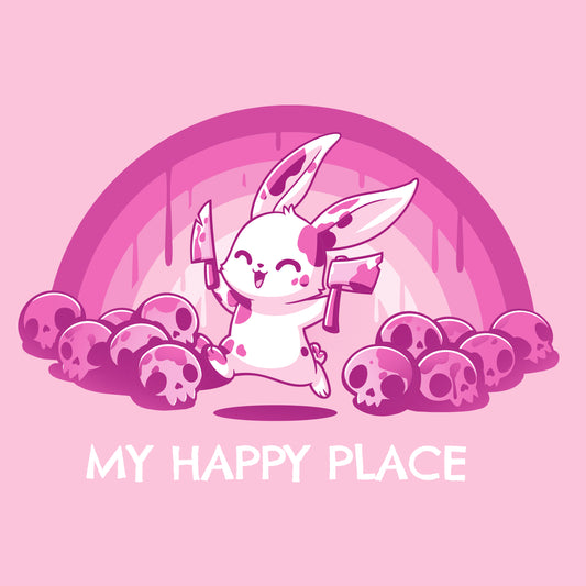 A cartoon bunny holding a knife in front of a bunch of skulls, on a Pink Rainbows & Skulls t-shirt by TeeTurtle.