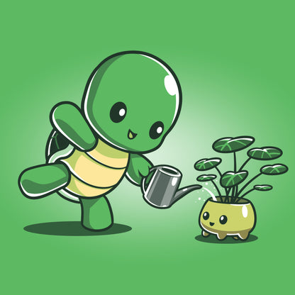 A Plant Parenting T-shirt featuring a plant-parenting scene in apple green from TeeTurtle.