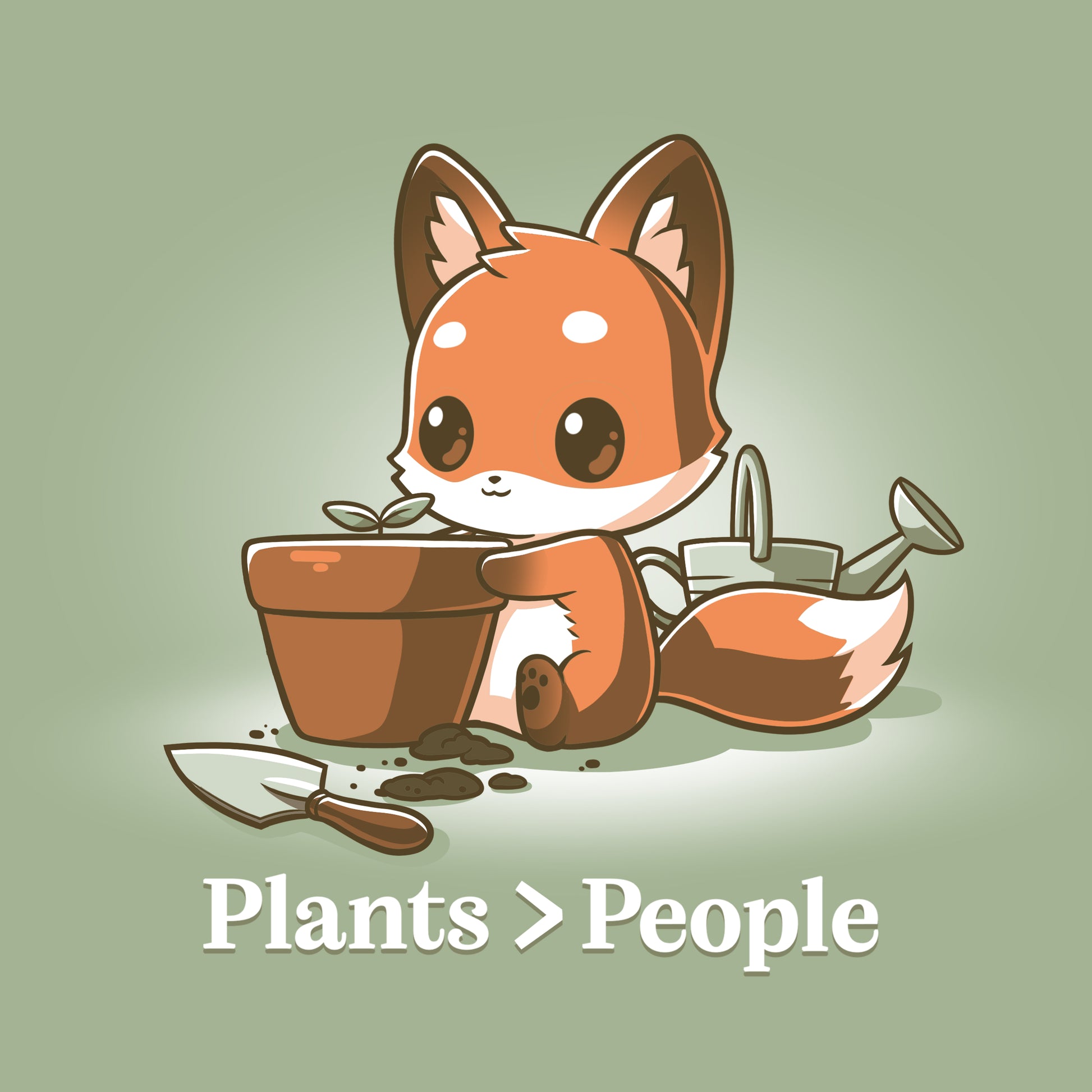 A cartoon fox holding a plant in a pot of soil, wearing a TeeTurtle sage green t-shirt called "Plants > People".