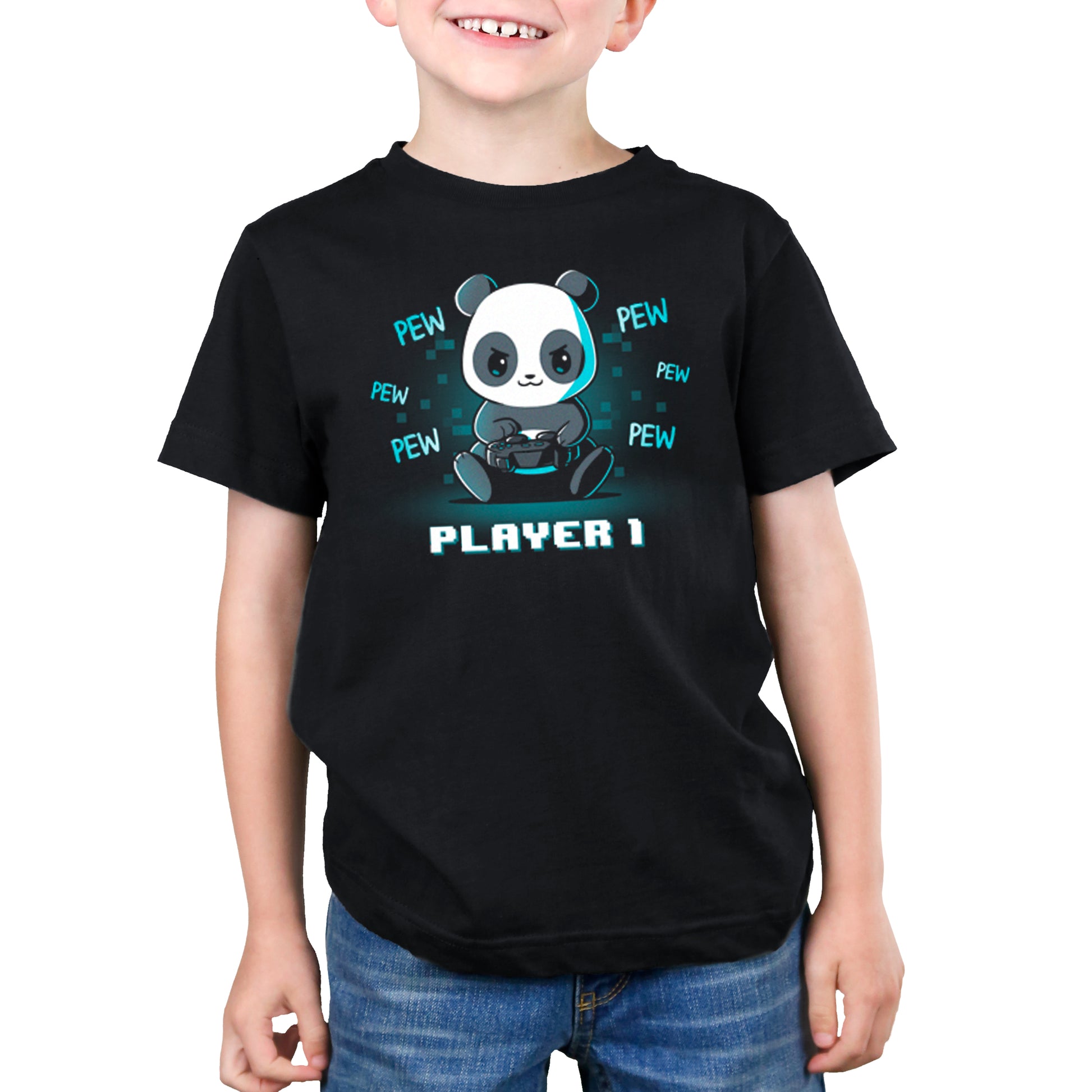 A young boy wearing a TeeTurtle Player 1 Panda t-shirt.