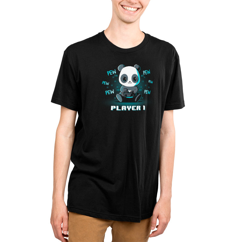 A Player 1 Panda bear in a black t-shirt made of ringspun cotton from TeeTurtle.