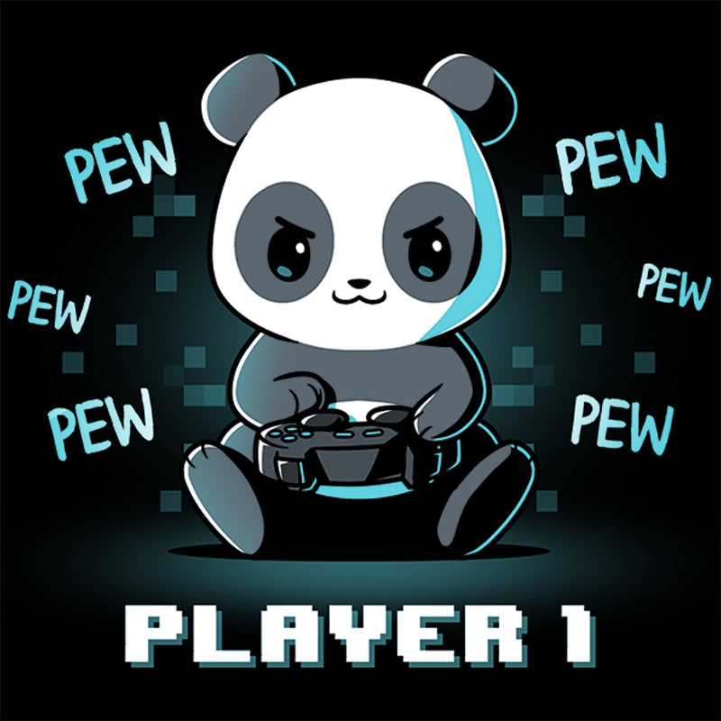 A TeeTurtle Player 1 Panda T-shirt featuring a panda bear holding a controller with the words pew player 1.