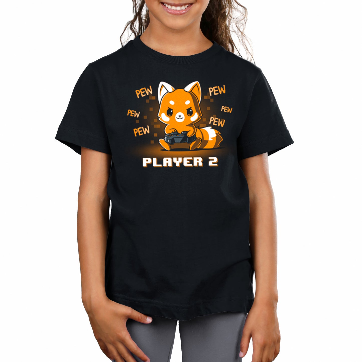 A girl wearing a black t-shirt that says Player 2 Red Panda by TeeTurtle.