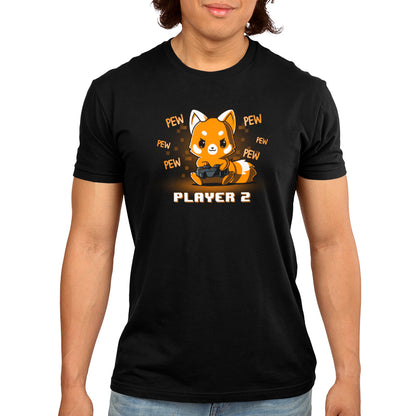 A man wearing a TeeTurtle t-shirt that says Player 2 Red Panda.