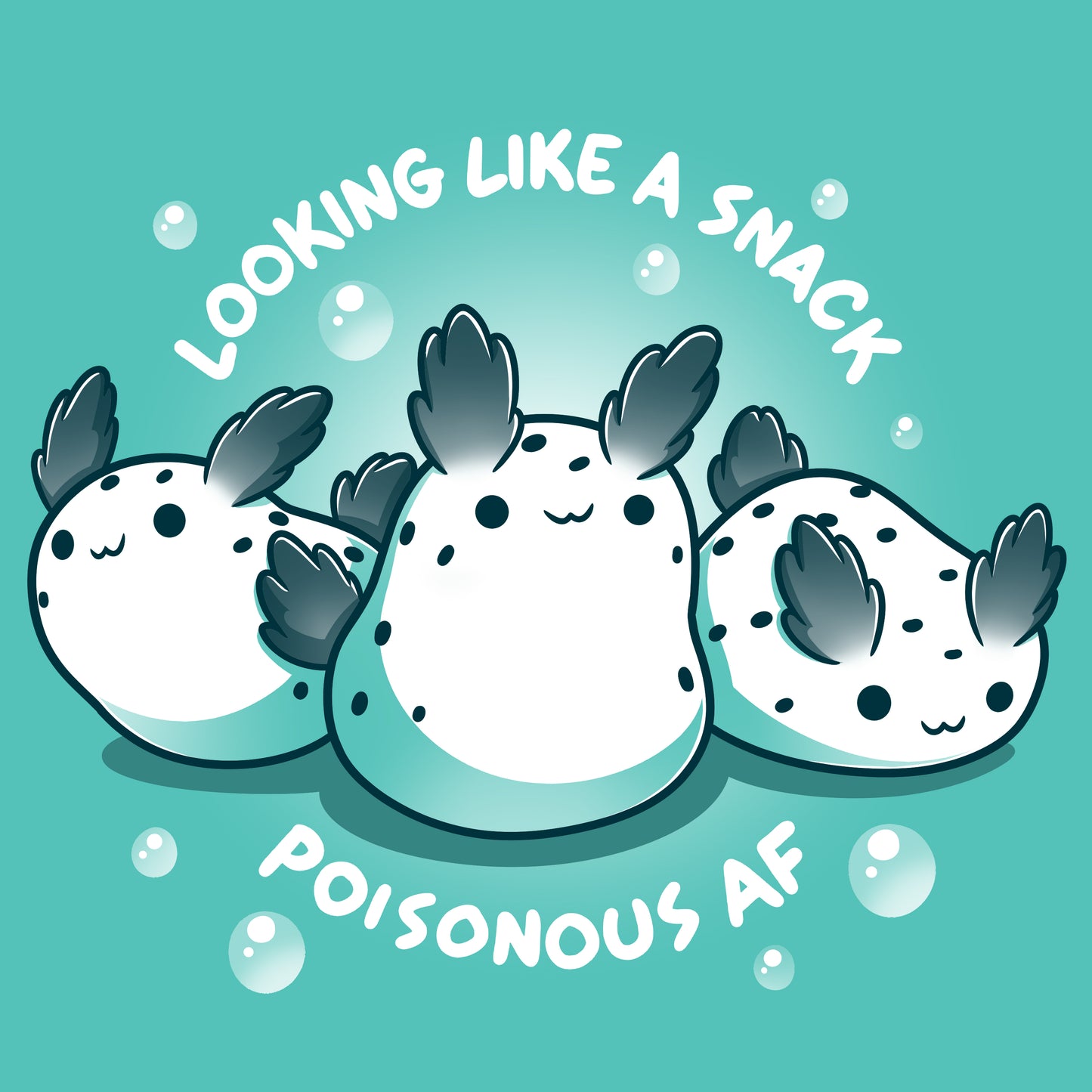 Premium Cotton T-shirt - Three cute, stylized creatures with black ear-like features and spots, reminiscent of sea bunnies, accompanied by the text "LOOKING LIKE A SNACK POISONOUS AF" on a Caribbean blue apparel background with bubbles. This is the Poisonous AF apparel from monsterdigital.