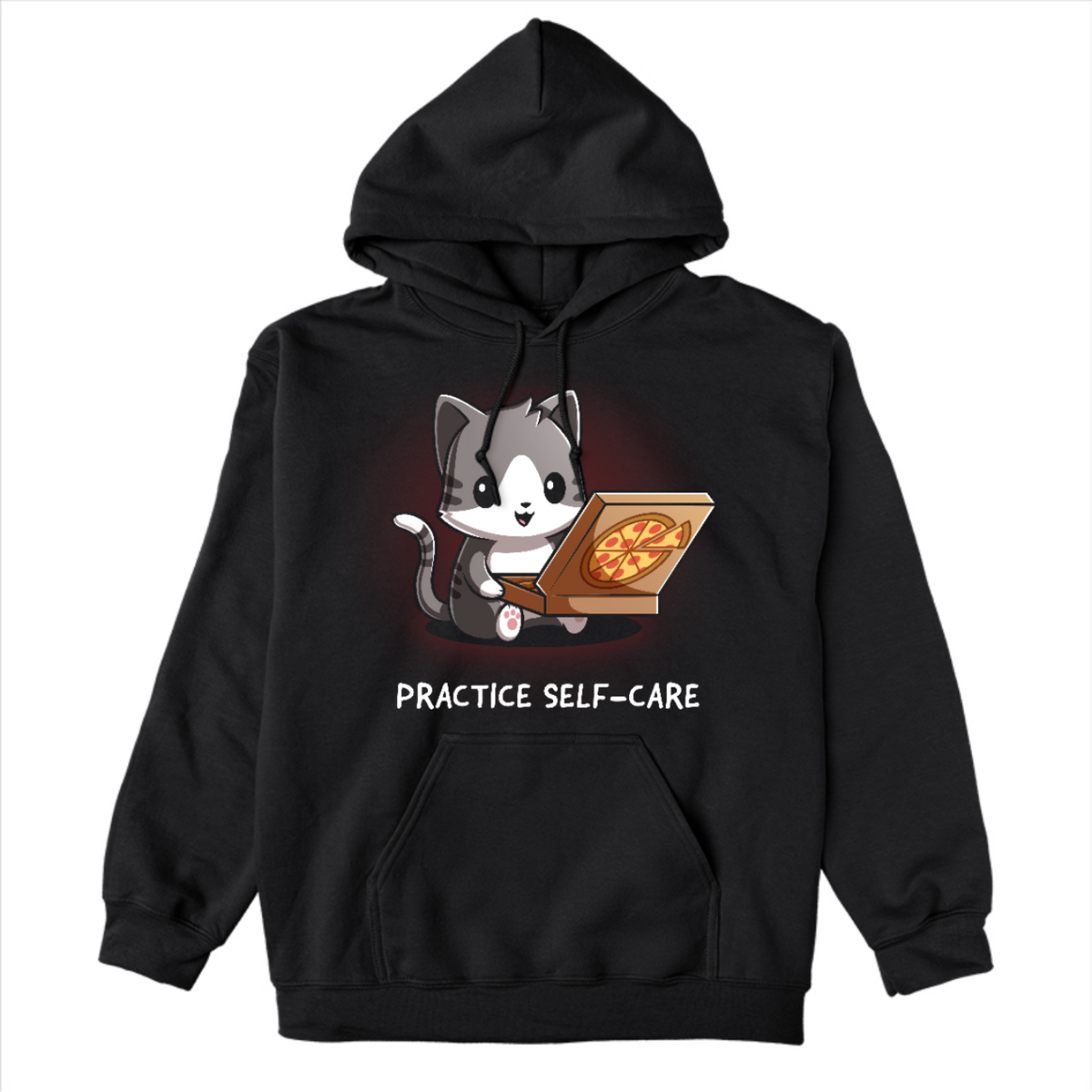 Pullover Hoodie_TeeTurtle black Practice Self-Care Pullover Hoodie featuring a happy gray-and-white cat holding an open pizza box with a pepperoni pizza and the text "Practice Self-Care."