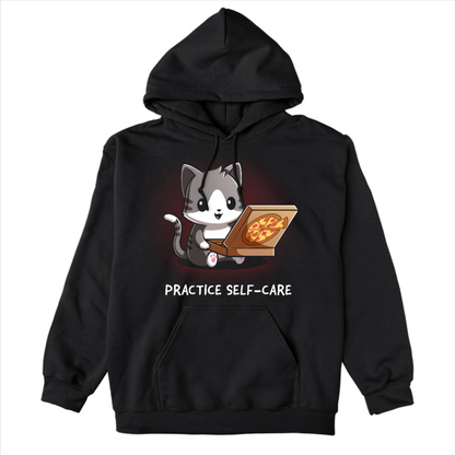 Pullover Hoodie_TeeTurtle black Practice Self-Care Pullover Hoodie featuring a happy gray-and-white cat holding an open pizza box with a pepperoni pizza and the text "Practice Self-Care."