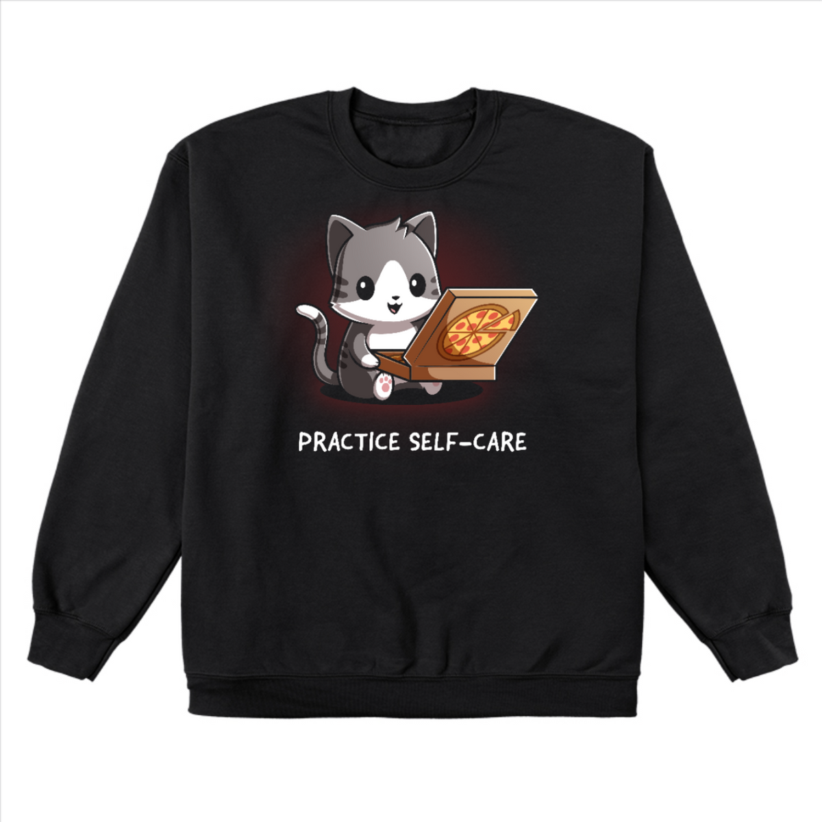 Crew Neck Sweatshirt_TeeTurtle black Practice Self-Care Crew Neck Sweatshirt featuring a happy gray-and-white cat holding an open pizza box with a pepperoni pizza and the text "Practice Self-Care."