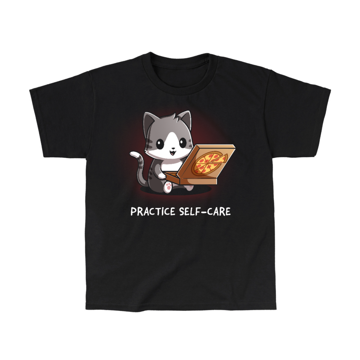 Kids' Classic T-Shirt_TeeTurtle black Practice Self-Care Kids' Classic T-Shirt featuring a happy gray-and-white cat holding an open pizza box with a pepperoni pizza and the text "Practice Self-Care."