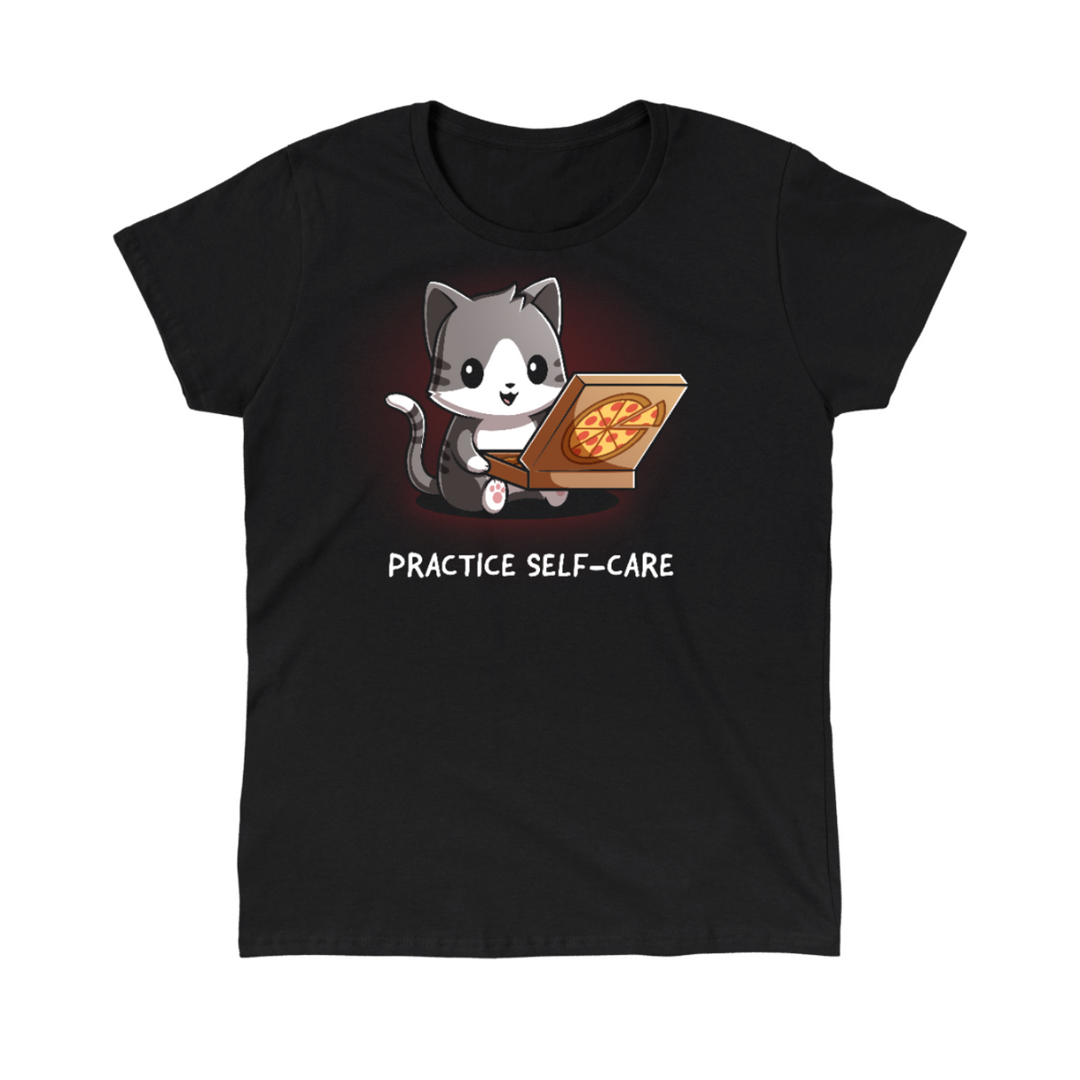 Women's Premium T-Shirt_TeeTurtle black Practice Self-Care Women's Premium T-Shirt featuring a happy gray-and-white cat holding an open pizza box with a pepperoni pizza and the text "Practice Self-Care."